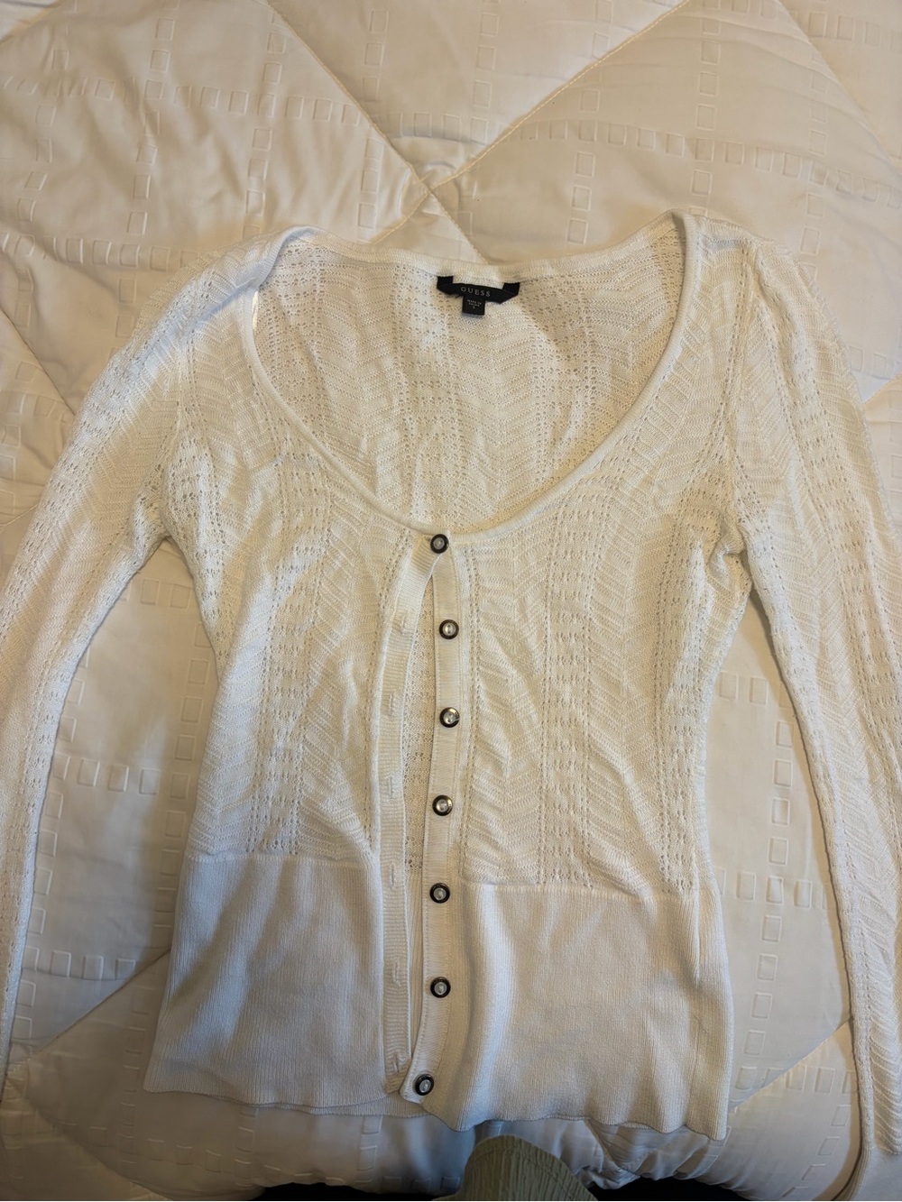 Guess White Open-Knit Button Front Cardigan